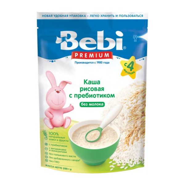 Каша безмолочна Bebi Premium Рисова, з пребіотиком, з 4 міс., 200 г - babystreet.com.ua