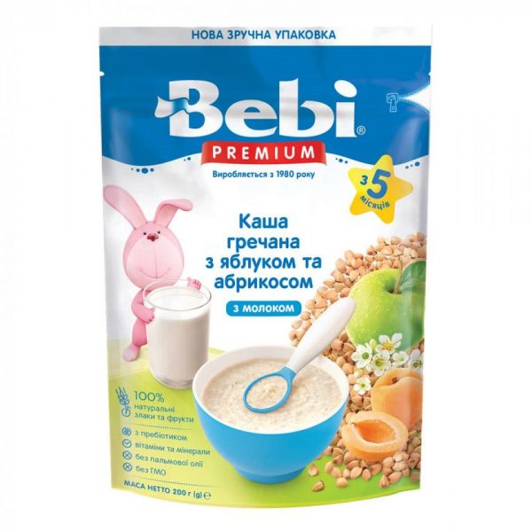 Каша молочна Bebi Premium Гречана з яблуком і абрикосами, з 5 міс., 200 г - babystreet.com.ua